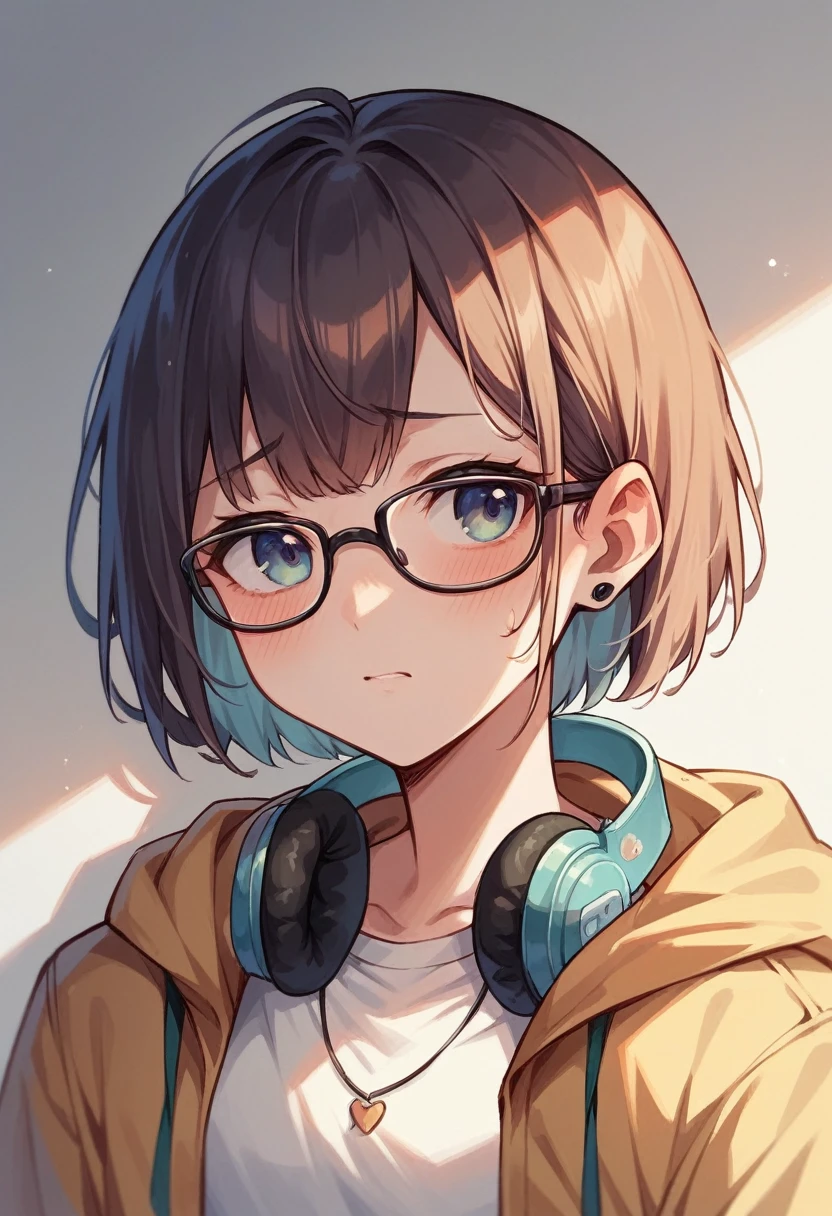 A middle school sophomore with headphones around his neck, like an elementary school student　Shy person wearing glasses