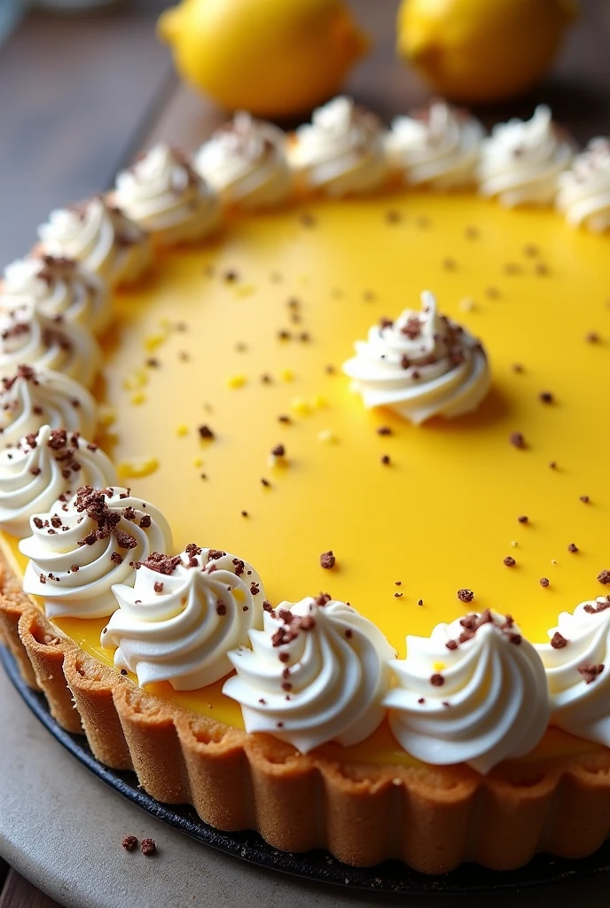 Cicilian lemon pie ,circle ,best angle chantilly , lemon zest , chocolate sprinkles