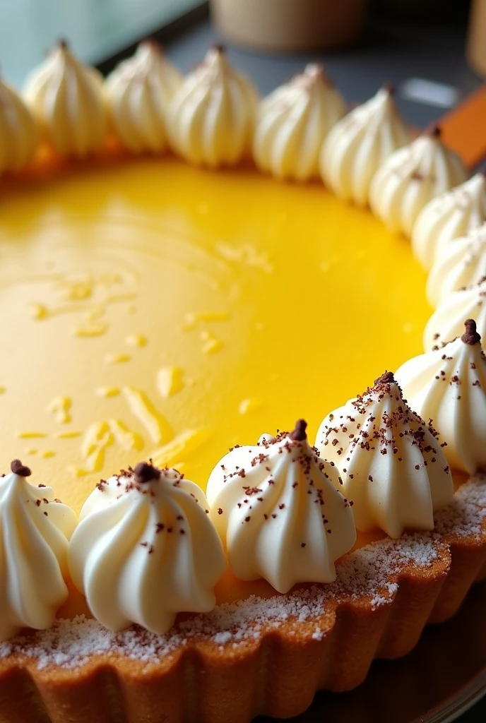 Cicilian lemon pie ,circle ,best angle chantilly , lemon zest , chocolate sprinkles