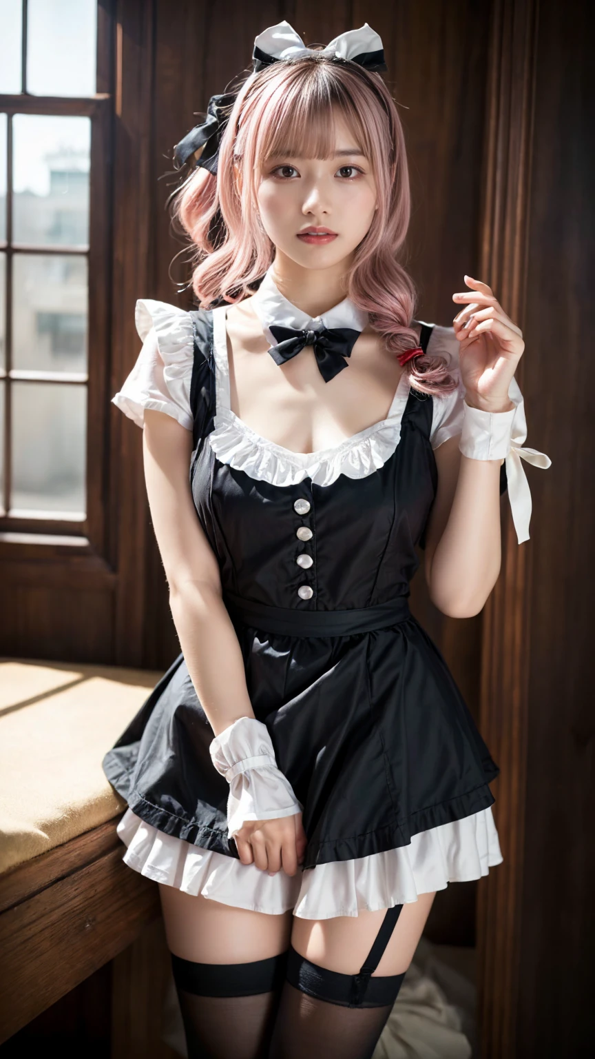Mature Woman、Pink Hair、Light gray hair、((Two-tone hair))、White Lolita dress with delicate pink decoration、Slender women、Cute Woman、 8K Ultra HD,Detailed face、Delicate texture, Long Hair、(((Blunt bangs)))、(((Drill Hair)))、(bow ribbon, Maid, knee high socks:1.3), (Aside Cutter Shirt), frill skirt、((Ethnic Lolita))、A room in a Western-style building、((Delicate photo)),(Girl Astepeace RAW Photo Details:1.25), (highest quality:1.6), (超A high resolution:1.5), (Realistic:1.75), 8K resolution, Canon EOS R5, 50mm, Absurd, Super detailed,Cinema Lighting、((stuffed toy:1.25))、 (expresses the roundness and softness of your chest., large breasts)、(Leg spread)、