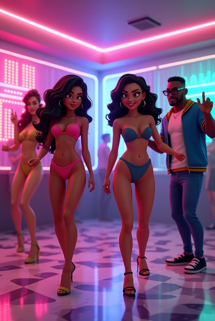 Make an image of a funk animation, of a room with led, with two girls in bikinis and two mc boys