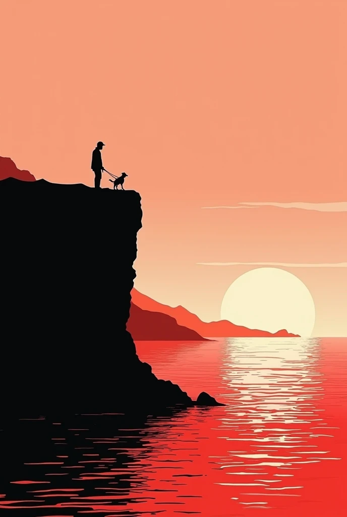 Line Art,Red and black,seaside,Silhouette,cliff,David Hockney style,Full length view, Long Shot, cinestill 50d
