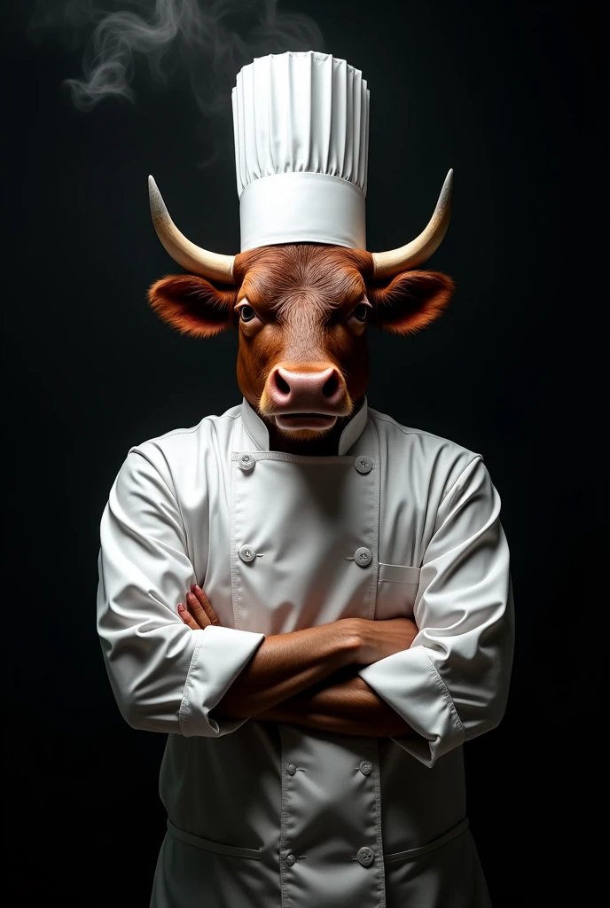 bull cow (made of wagyu), wearing white chef hat, wearing white chef uniform, arms crossed, cinematic movie poster, dark black background, professional photography, dramatic shadows, aura, (fine wisps of smoke:0.8), detailed,