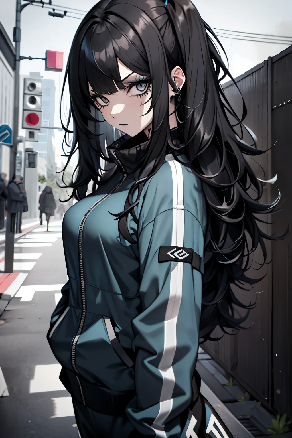 1girl, goth, light blue tracksuit, black hair, goth girl, outdoors, curly hair, looking at viewer, goth makeup, black eyes, expressionless