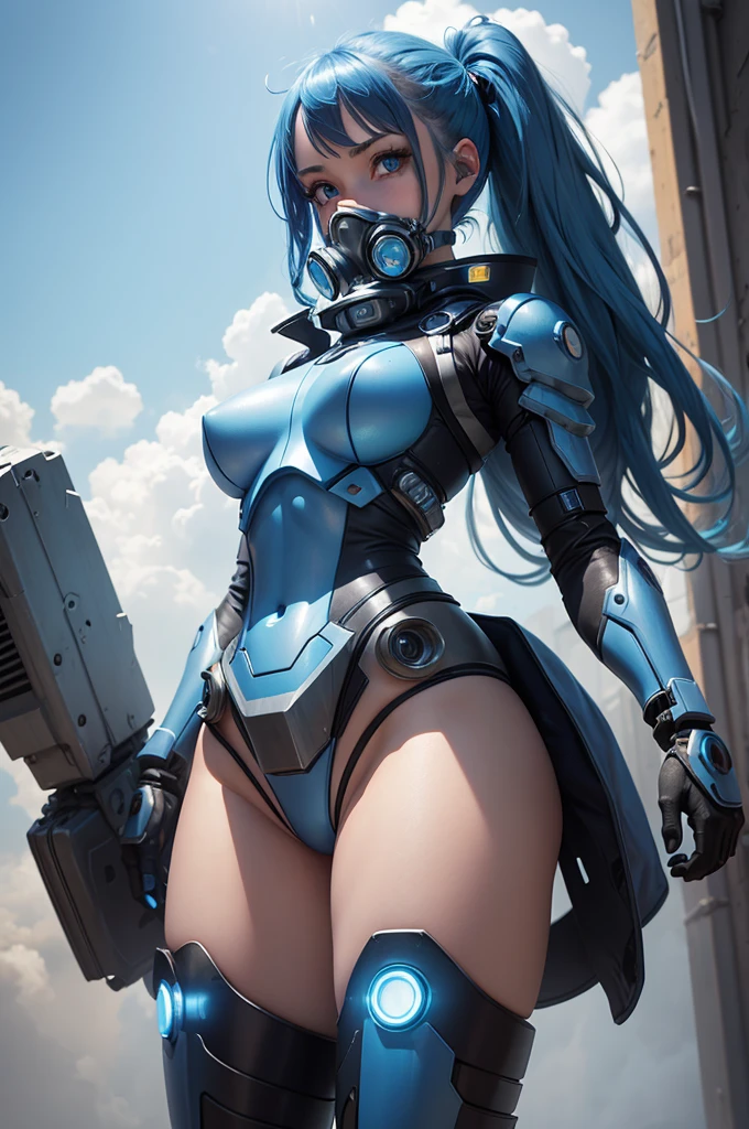 View from below angle from below girl mecha half cyborg, modifications, with long blue hair, with blue eyes, with a gas mask on his face, cybernetic suit blue, costume parts with blue lights and LEDs, a multitude of glowing blue lights, hands prosthetics, gorgeous figure, short sports shorts that highlight her big wide hips, small breasts but they are covered by a mechanical suit, flat horizon photo, the background of the image is blue sky, clouds and lights and glare in large quantities, and also blue fog and smoke
