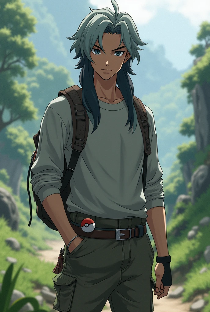 A pokemon trainer character, masculine,has black eyes with white pupils, long hair up to the beginning of the neck, gray in color with black highlights, wears an informal style of clothing, always wearing a sweatshirt and pants made of comfortable, loose fabric,