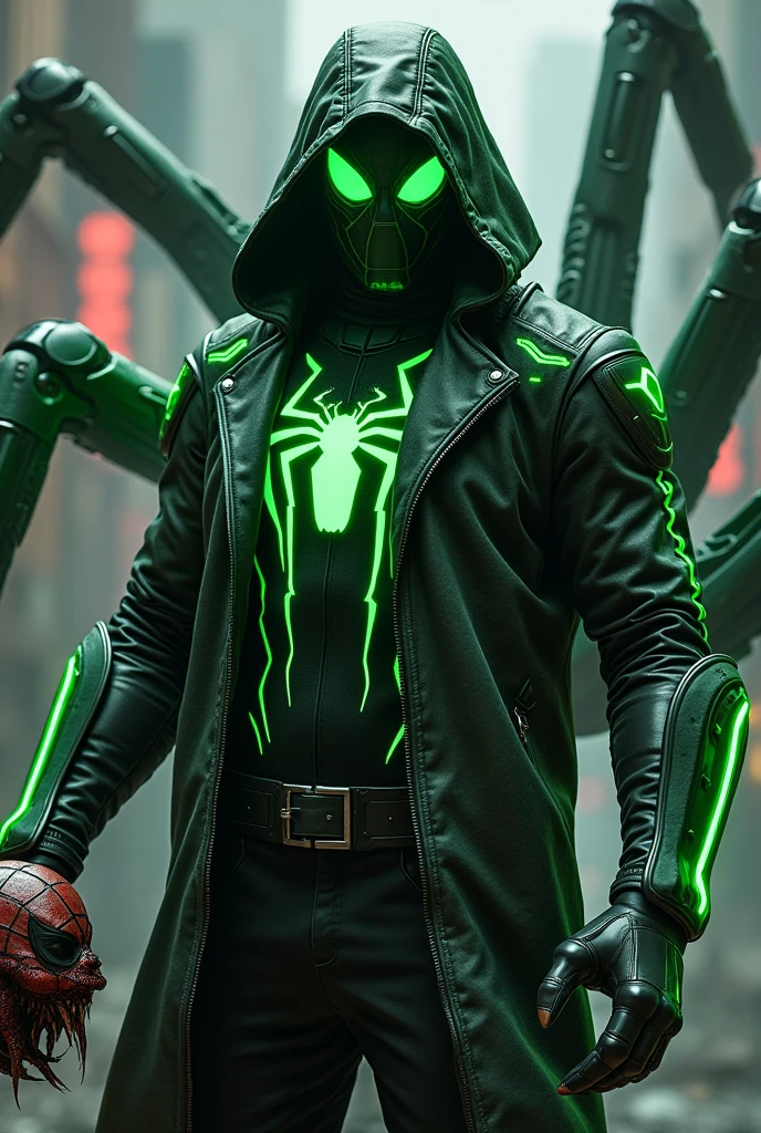 Create a villainous Spiderman, he has a green technological armor, he also has a leather jacket that has a hood that covers his head, his mask lenses must also be intense green, he will have some parts of his suit that must be black where There are some lines of green lava and his spider on his chest is the same as the one Venom has, he also has ferrous claws on his hands and he also has 4 spider legs that are mechanical and are large, they are part of the armor while he has the
zombie deadpool's torn off head in his left hand