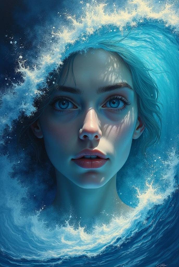 A painting, close up to a detailed face of Surfer in the center, in the style of magic in nature illustration, fantasy, spotlight, panoramic view, wide lens, color negative, invert channel