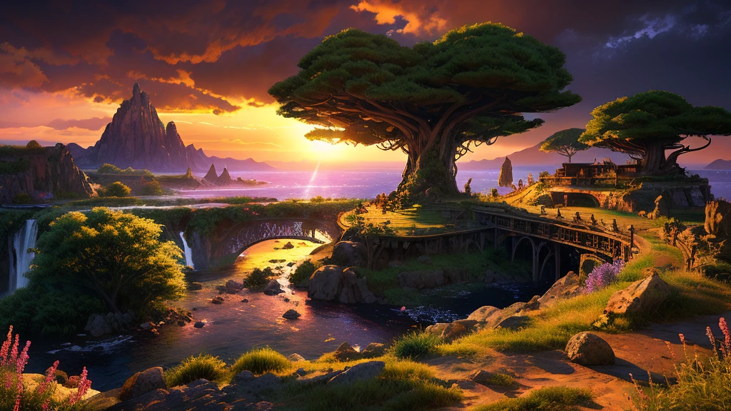 an ancient alien planet landscape spans the horizon, strange bioluminescent trees plants flowers shrubs mushrooms vines, streams crevices caves biomes caverns canyons valleys tall mountains in the distance, sunrise