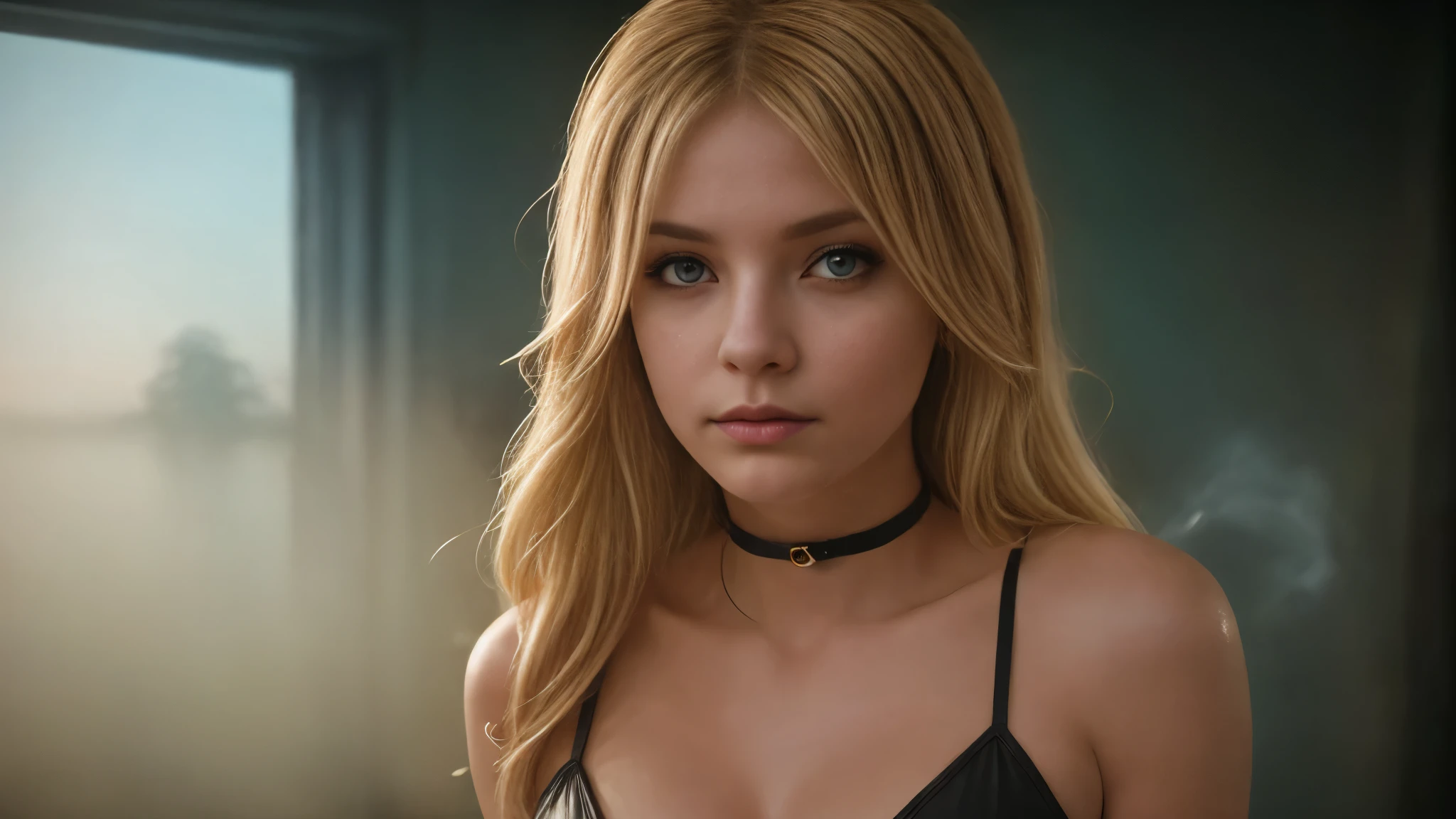 alluring blond woman with long hair, kneeling, blue eyes, pale skin, aesthetic body, hourglass figure, fit, wearing dark transparent clothing, sharp and delicate facial features, interplay of light and shadows, surreal, magical, mystical, generous and welcoming, (Gloomy and dark atmosphere), soft natural light, faded colours, sexy, great quality, Masterpiece, detailed fantasy background, better performance, 16k quality, HDR, RAW photo. The dramatic lighting, inspired by chiaroscuro, creates a cinematic atmosphere, with deep shadows and highlights that evoke a moody, gritty, and dark gothic ambiance. [The character is surrounded by mist, evoking a mysterious and eerie atmosphere. The lighting is dark and atmospheric, with a red smoke adding a touch of sinister ambiance. The image is of the best quality, with a resolution of 4k and HDR enhancement, showcasing the utmost level of detail and realism, sfw, full body shot.]. [8K, Best Quality, Masterpiece, Ultra High Resolution, (highly detailed CG unity 8k wallpaper), (best photo), (best shadows), isometric 3D, octane rendering, ray tracing, highly detailed, (Best quality, 4K, 8k, A high resolution, masterpiece:1.2), absurdity, ultra detailed, (realistic, photorealistic, photorealistic:1.37), complex parts, HDR, (complex parts:1.12), (hyper detailed, hyper realistic, Soft lighting, spicy:1.2), (complex parts, Hyper detailed:1.15). Blurred foreground. (backlit), realistic, masterpiece, high quality, brightness, chromatic aberration, 8k uhd, some smoke, shadows, contrast, clear sky, (warm hue, warm tone), high details, natural reflections].