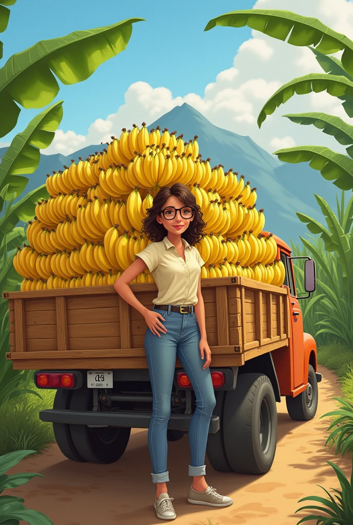 Woman with glasses, truck loaded with male banana, on a male banana farm, Disney drawing