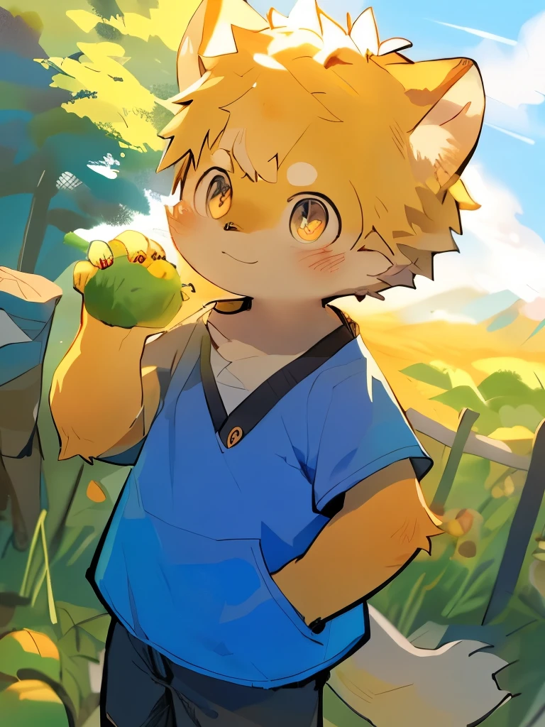 masterpiece, best quality, Perfect anatomical structure, Bright Eyes, Big watery eyes, From milkytiger1145, author：K0BIT0WANI,Pino Deheny, Carney announced, milkytiger1145, Dagasi, Yes， boy，Toddler，Shota，hairy, Wolf, (trigger:0.3), Muscle Man, Solitary, wearing clothes, Loose clothing, Gloves, Take the vegetables, vegetable garden, Fence，