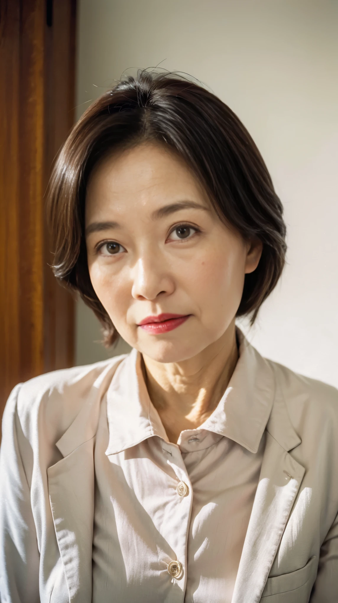 masterpiece, ((Depth of written boundary)), 32K, Beautiful finish, Face close-up, Beautiful mature woman, 65 years old, Photo of your ID, Business Person, board member, View from the front, Long face, A disdainful look, Cool look, Red lips, Thin lips, White innerwear, suit, Remove Background, Light from the front,