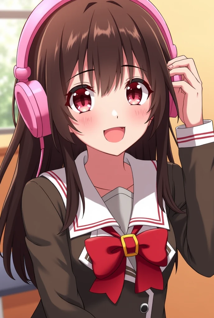 Capture BnhA girl with long dark brown hair bangs U uniform.A in his seat smiling with reddish eyes and pink headphones