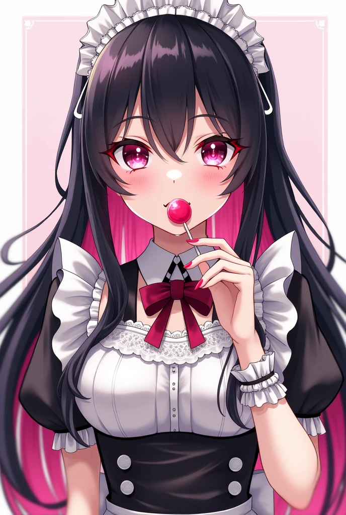 Draw Genshin Style, Adult girl, maid outfit, Black hair is long with pink tips,black bangs, perfect hands, lollipop in mouth,perfect lollipop, Lollipop must be inside the mouth,lollipop must be small