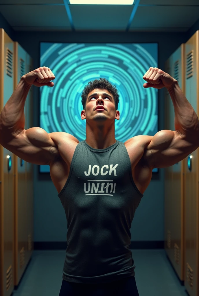 Young male college student Wearing shirt that says JOCK-U as a big dumb hyper muscular sweaty bodybuilder football jock bro in skin-tight compression gear flexing and staring blankly forward with open mouth into a monitor displaying a hypnotic spiral under hypnosis in a locker room doing a double bicep flex to expose sweaty armpits as he repeats, "Stare ... listen ... blank ... obey.... Bigger... Dumber.... Just a big ... dumb ... jock. Huhuh.... How's it hangin'? C'mere. Watch the spiral and FLEX with me, BRO! It's good to be a JOCK. Stare. Obey. Be a jock, just like me...." in a deep voice. Football jock assimilation. Hyper swollen crotch bulge. Sweating. Mouth hanging open. Hyper muscles. Giant biceps. Giant triceps. Broad shoulders. Giant traps. Giant lats. Giant deltoids. Big meaty pecs. Hyper swollen glutes. Brainwashing. Hypnosis. Hypnotized. Bro. IQ drain. Sweaty. Stereotype. Hypnotic trance. Entranced. Brainwashed. meathead. Musclehead. mindless. brainless. Front view. Digital painting. Giant muscles. compression gear.