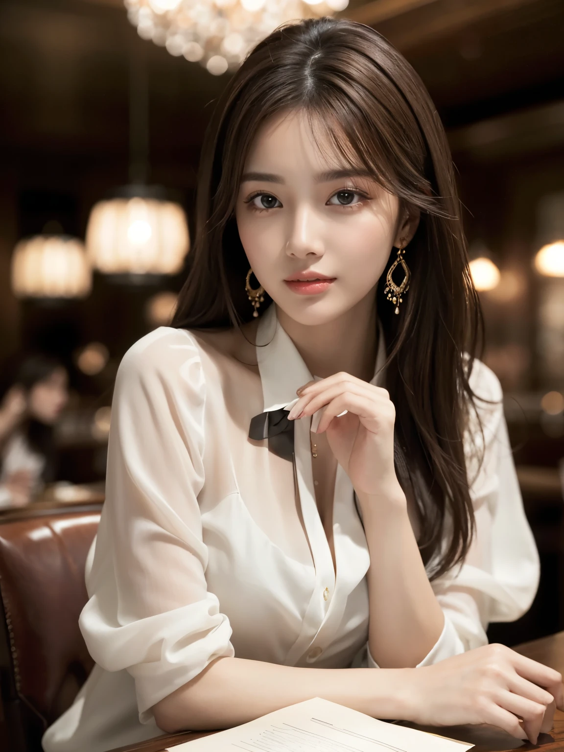 masterpiece, highest quality, Realistic, Very detailed, Finer details, High resolution, 8k wallpaper, One beautiful woman, Wear an elegant see-through blouse, In a great restaurant, At night, Light brown messy hair, Perfect dynamic composition, Beautiful and beautiful eyes、Big earrings、Sitting in a chair、