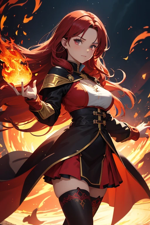 1 girl, medieval character,
A fire mage, she has long red hair, Brown eyes, She wore a red, black and gold mage outfit, There's fire in her hands. ((Red and Black stockings, Gold flame pattern Decoration))
She floats in mid-air. Fire spell. Flames swirl around her. Objects are burning.Flames swirling in the background. Techno. Fire swirls. 4K digital art. Anxiety. Some smoke and fire. Houdini algorithm creative art