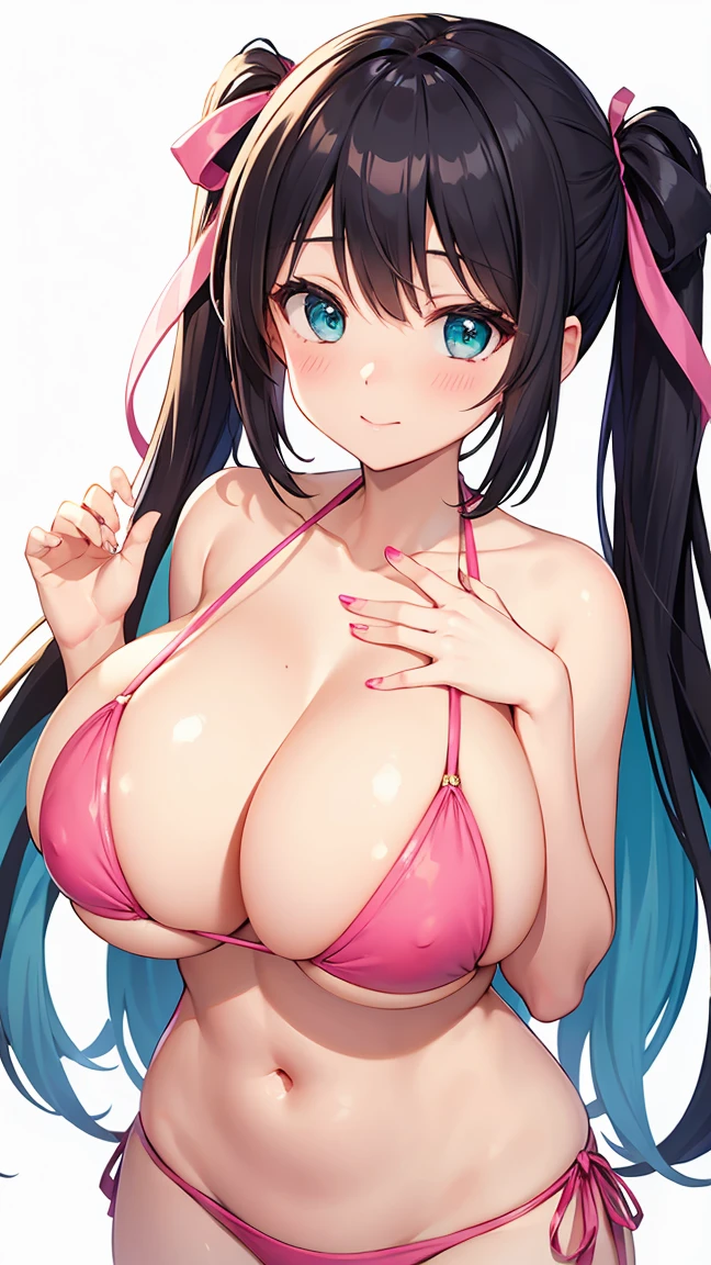 cute character with bikini, huge breast, aqua eyes, and hair tied with pink ribbons, making a heart shape with hands, white background,