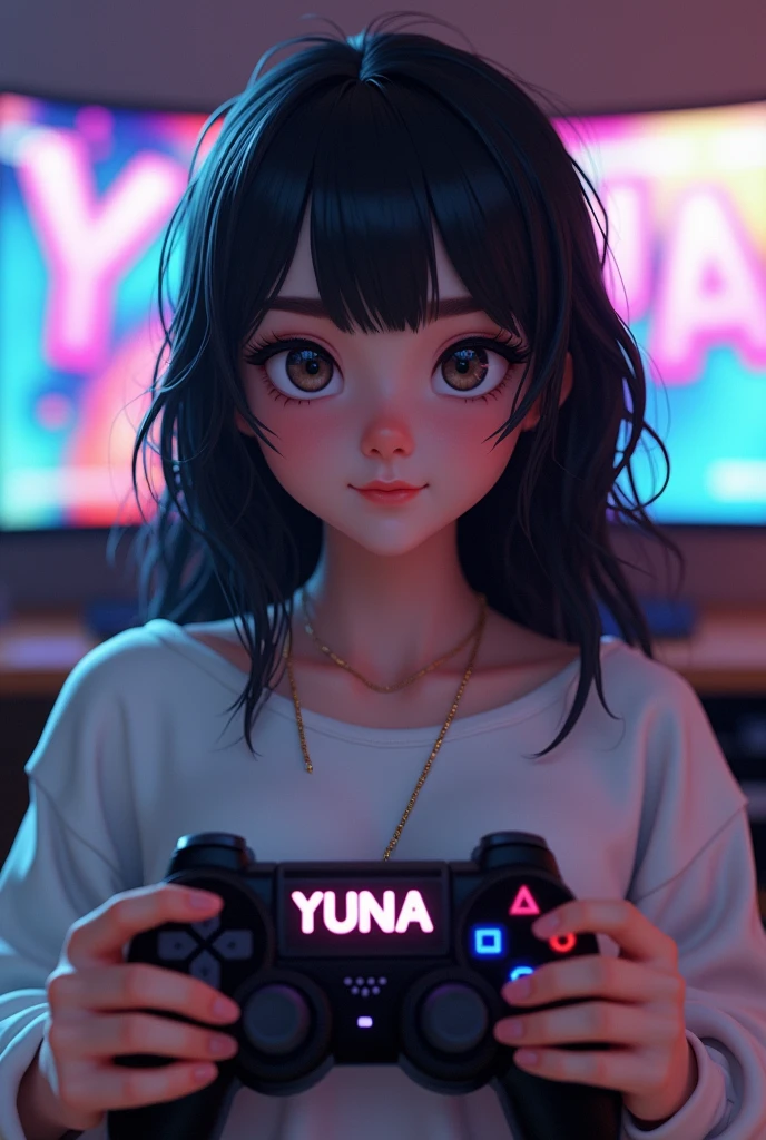 White woman, linda, dark hair, He likes video games and streams while playing, She is friendly and very tender, with a giant video game controller and the letters YUNA in 3D