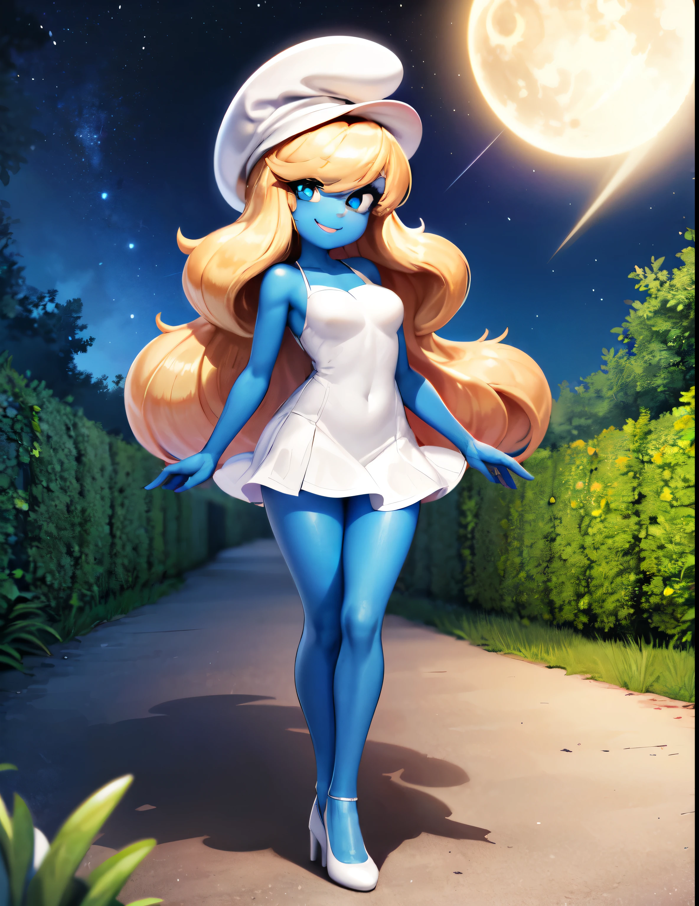 ((best quality)), ((highly detailed)), absurdres, detailed face, beautiful face, (detailed eyes, deep eyes), (1girl), full body in frame, smurfetteOC, blonde hair, very long hair, black eyes, colored skin, blue skin, medium breasts, smiling, hat, white dress, (long dress), high heels, white footwear, (outdoors, at a garden, night, night sky, stars, crescent moon, shooting star,) standing straight up, facing at camera