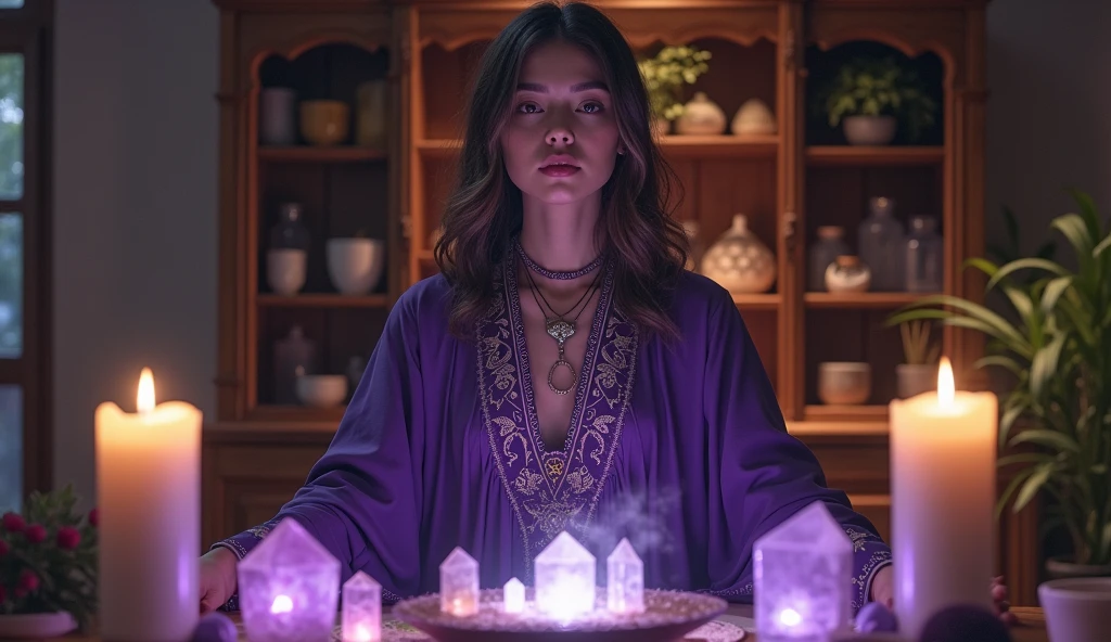 mulher com capa violeta de sacerdotisa energizando sua casa com crystals, convey depth, in the background a cupboard with various aromatic herbs, in the scene small lit candles, crystals