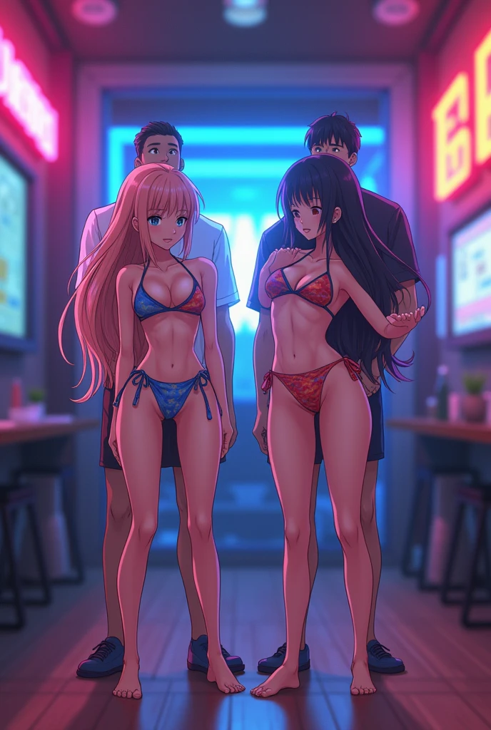 Make an image of a Trap animation, of a room with led, with two girls in bikinis and two mc boys