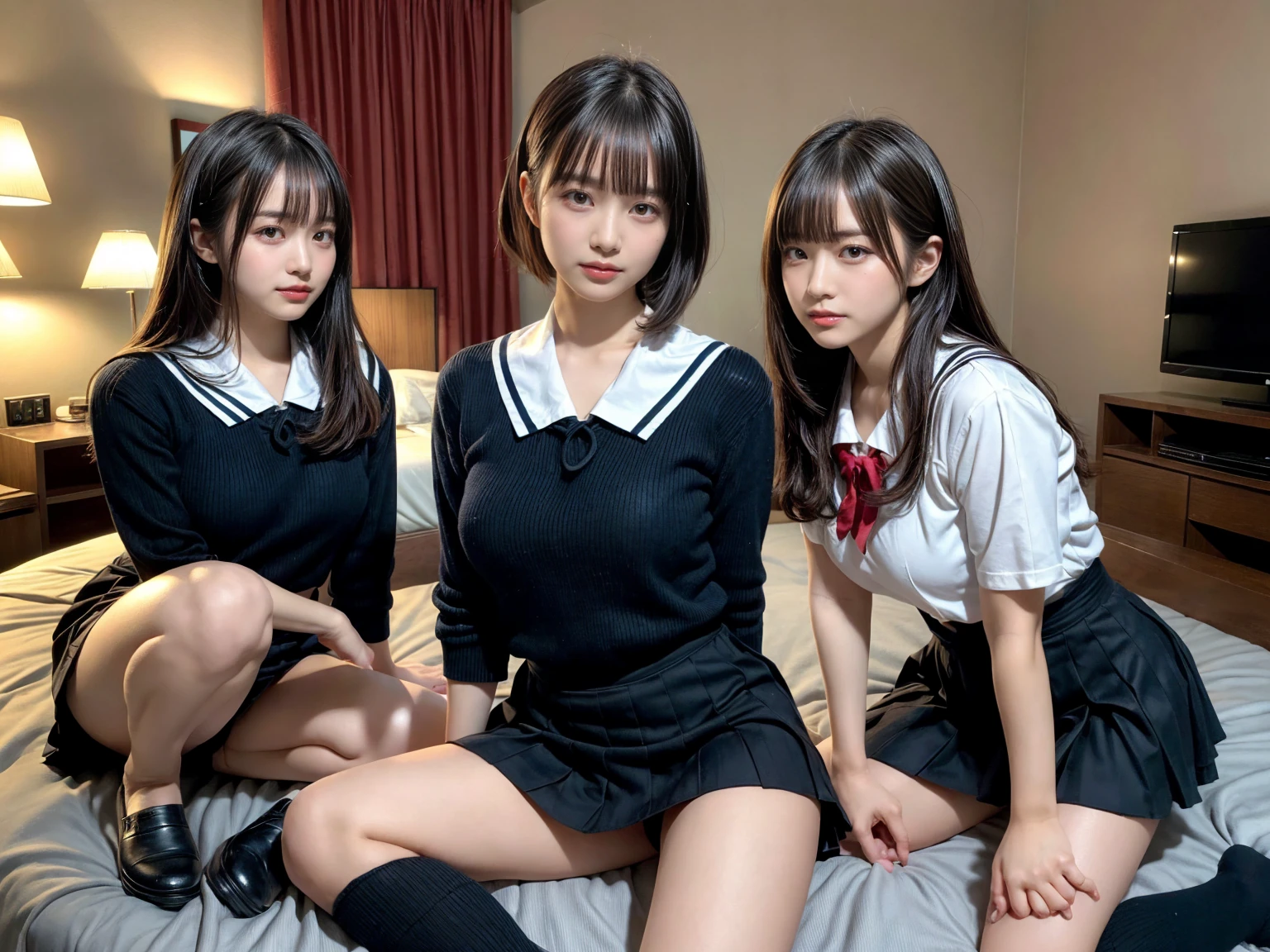 masterpiece, best quality, illustration, Super detailed, fine details, High resolution, 8K,wall paper, perfect dynamic composition,(Details High quality, realistic depiction of eyes:1.3), (3 girls), Black Sailor Uniform, serafuku, Navy pleated skirt, sitting, open legs, short bob hair, in a hotel room in the background, deep on field, large breasts, black hair color, Big Natural Color Lip, (perfect body shape), crying a little、Harajuku style、20 year old girl、cute type、beautiful legs, Gravure Idol