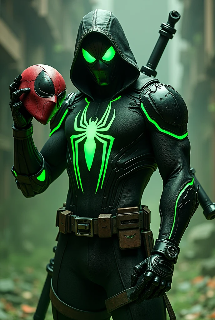 Create a villainous Spiderman, he has a green technological armor, he also has a leather jacket that has a hood that covers his head, his mask lenses must also be intense green, he will have some parts of his suit that must be black where There are some lines of green lava and his spider on his chest is the same as the one Venom has, he also has ferrous claws on his hands and he also has 4 spider legs that are mechanical and are large, they are part of the armor while he has the
zombie deadpool's torn off head in his left hand