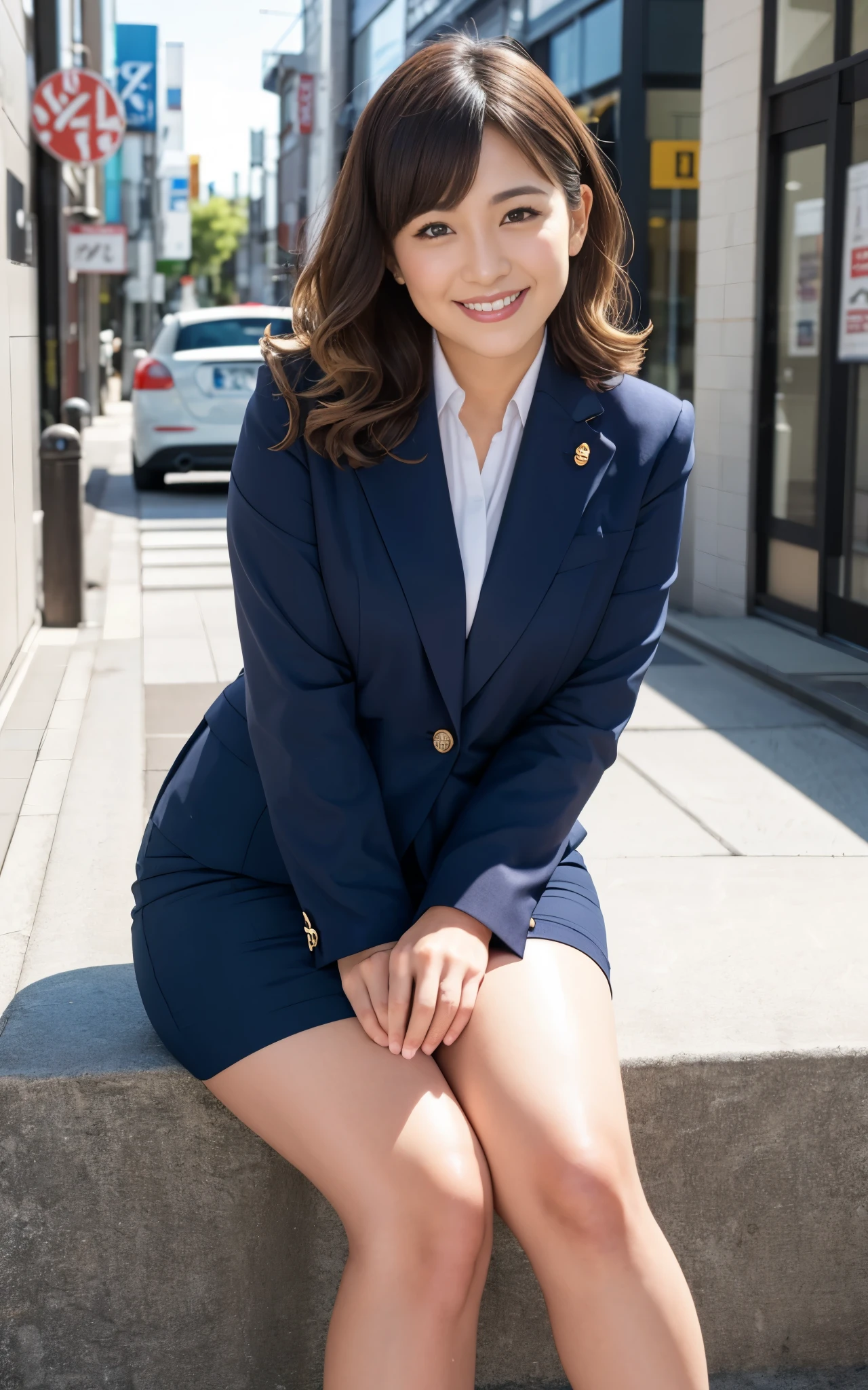 ((Brown Skin, Mature)), (Japan business lady, in navy blue business uniform:1.3, mini skirt), whole body:1.3, chubby shape:0.1, hightquality, ultra high resolution, (Photorealsitic:1.4), Japanese, (Beautiful:1.1), (One Woman:1.5), (45 year old:1.3), (photorealistic photos:1.2), in 8K,  (solo, one person:1.5), A smile, Behind the photo, Bangs straight, A big smile, wavy hair, Thick thighs,Sitting, Urban area, 