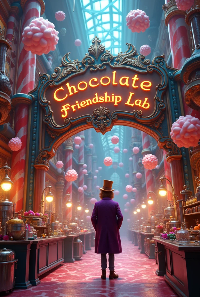 An image to make a horizontal poster, This image has to have a Willy Wonka and the Chocolate Factory theme in the candy lab part., The sign should say: Chocolate Friendship Lab.
