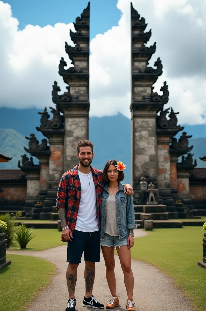 Tall and dashing man with curly hair wearing flannel shirt, loose white t-shirt, casual shorts, sneakers, full of tattoos on his arms, with a beautiful woman with short hair (bob style) with Frangipani flower decorations on her ears, standing in front of a large ornate stone gate, known as "Candi Bentar", part of a temple complex. The gate towers high on both sides, behind it are blue mountains, featuring intricate carvings and traditional Balinese architecture. The surrounding scenery is serene, highlighting dramatic clouds and buildings, the background is a place in Bali called "heaven's gate" in the Lempuyang area, Bali, smiling at the camera
