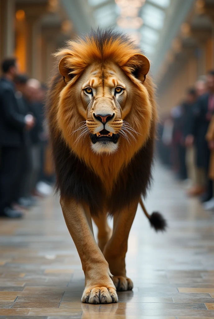 A lion walking in tha fashion designer plase