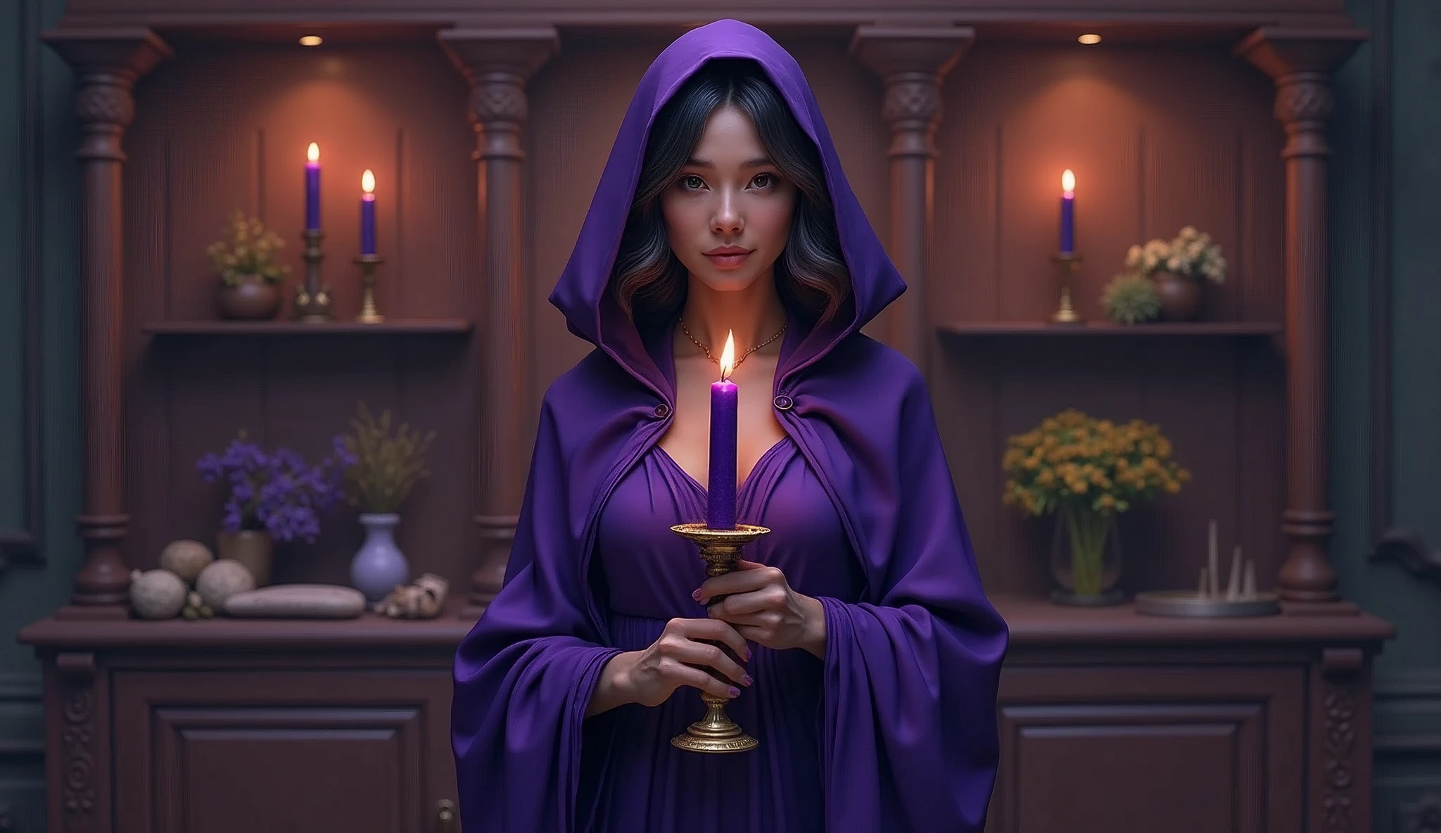 woman in violet priestess cape holding candlestick of violet candles, convey depth, in the background a cupboard with various aromatic herbs,