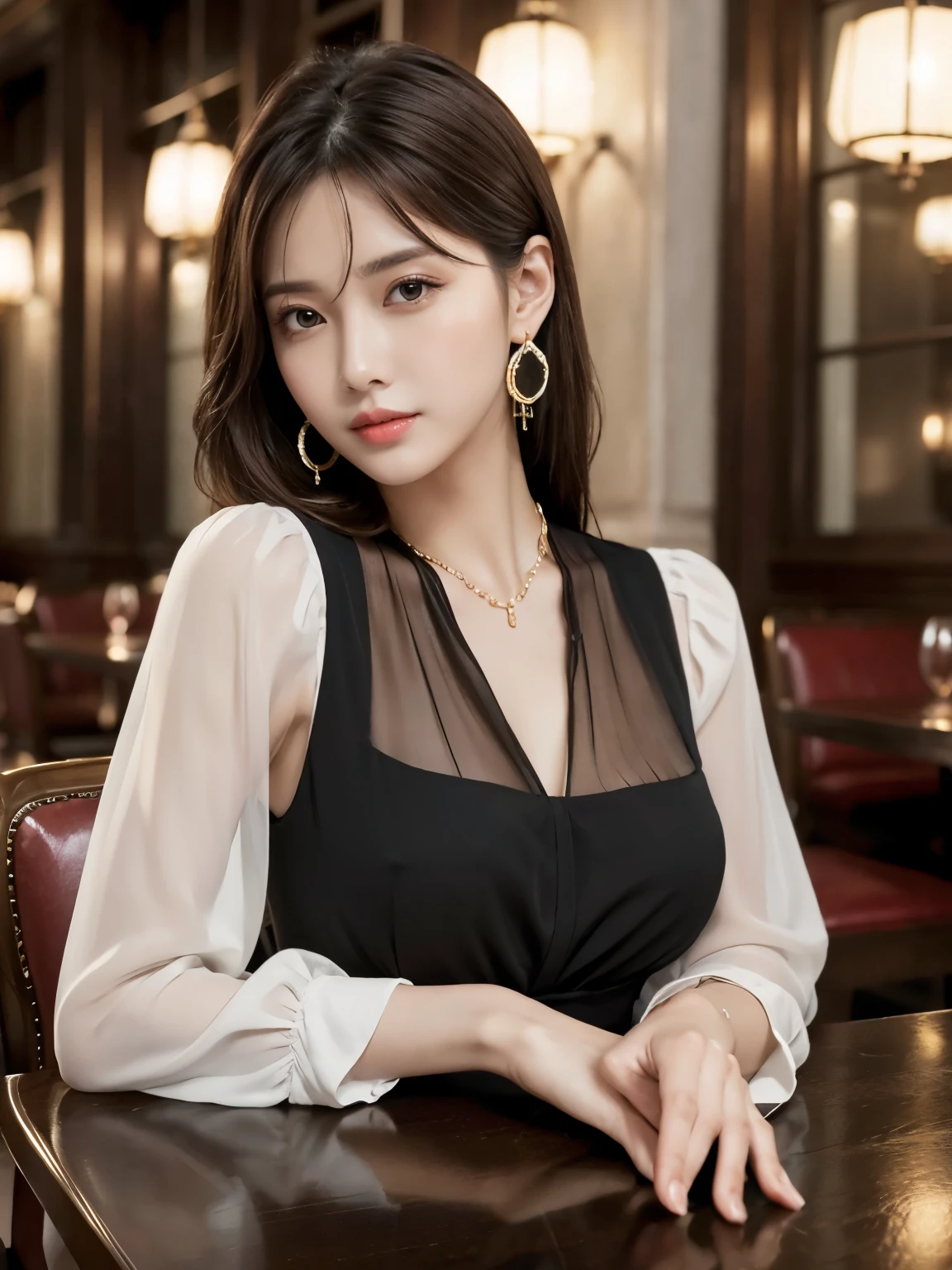 masterpiece, highest quality, Realistic, Very detailed, Finer details, High resolution, 8k wallpaper, One beautiful woman, Wear an elegant see-through black blouse, In a great restaurant, At night, Light brown messy hair, Perfect dynamic composition, Beautiful and beautiful eyes、Big earrings, Sitting in a chair, Randam body orientation,