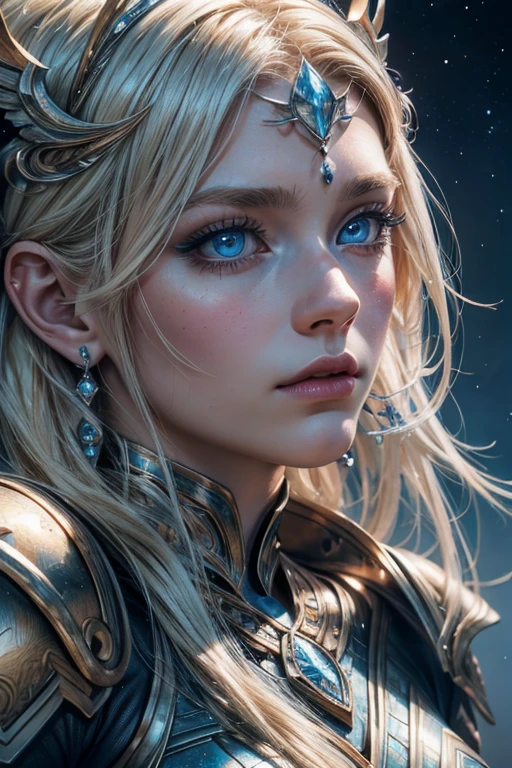 Asgard,valkyrie,Lady Knight, Platinum blonde,anatomical correct,epic fantasy digital art,Masterpiece artwork,8k,high definition resolution,detailed drawing,Quality Superior, high details, best quality, goddess (Close-up of a better masterpiece:1.5), (blue eyes:1.2) (Colored stars in the eyes:1.0) (A radiant glow:1.1) (thick lips:0.9), (masterpiece:1.2), (best quality:1.2), (very aesthetic:1.2), (absurdres:1.2), (detailed background),(detailed face:1.1), (perfect hands:1.1), (defined features:1.1), delicate beauty with extreme edge lighting, all rendered in a vibrant 8K style, fine art, surreal fantasy,, Epic composition, muscular body, tattoo on the muscular abdomen