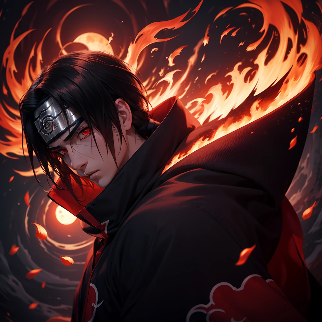 Masterpiece, high detailed, a young man covered in black cape with red cloud drawing or akatsuki robe from naruto, itachi uchiha, red eyes, upper body, shinobi, Konoha headband, red moon in the background, red theme, from naruto, long hair, covered in red flame