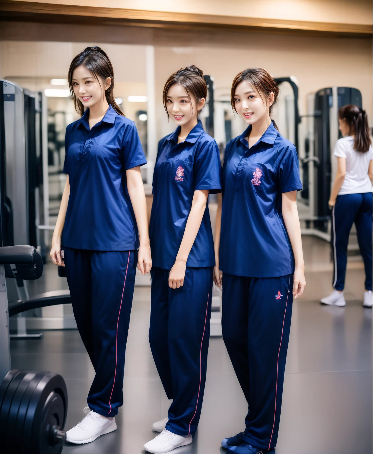 3 girls in fitness center, Navy blue short-sleeved shirt,Navy Long Trackpant,Sweatpants, Sweatpantsขายาว,25 year old girl, lesbian, sexy, exercise clothes, wet body, exercise clothes