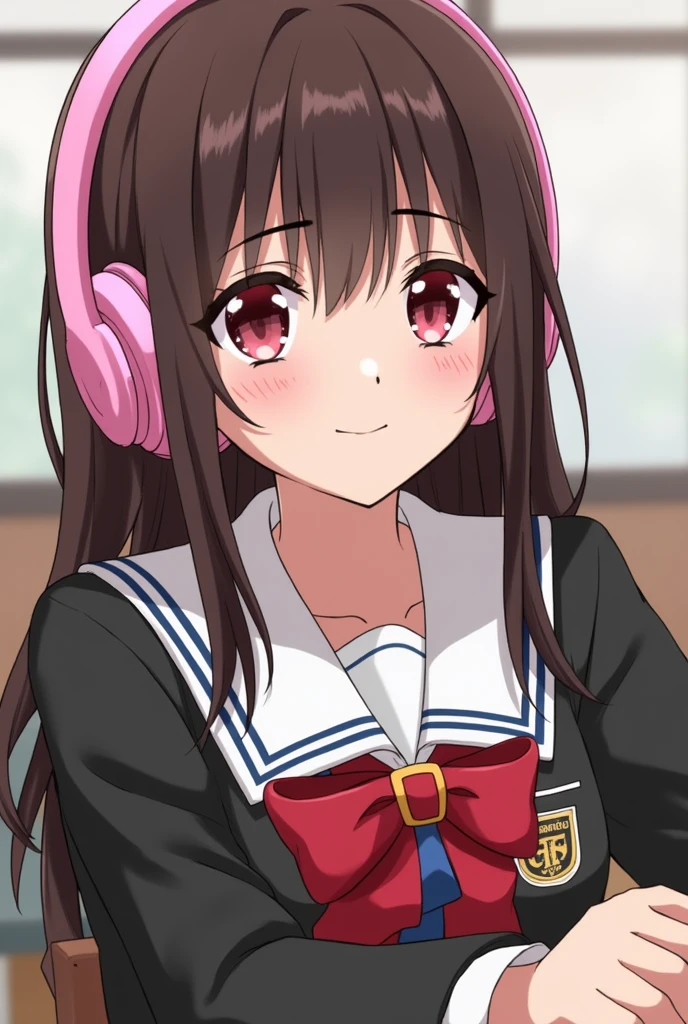 Capture BnhA girl with long dark brown hair bangs U uniform.A in his seat smiling red eyes and with pink headphones eyes slightly slanted