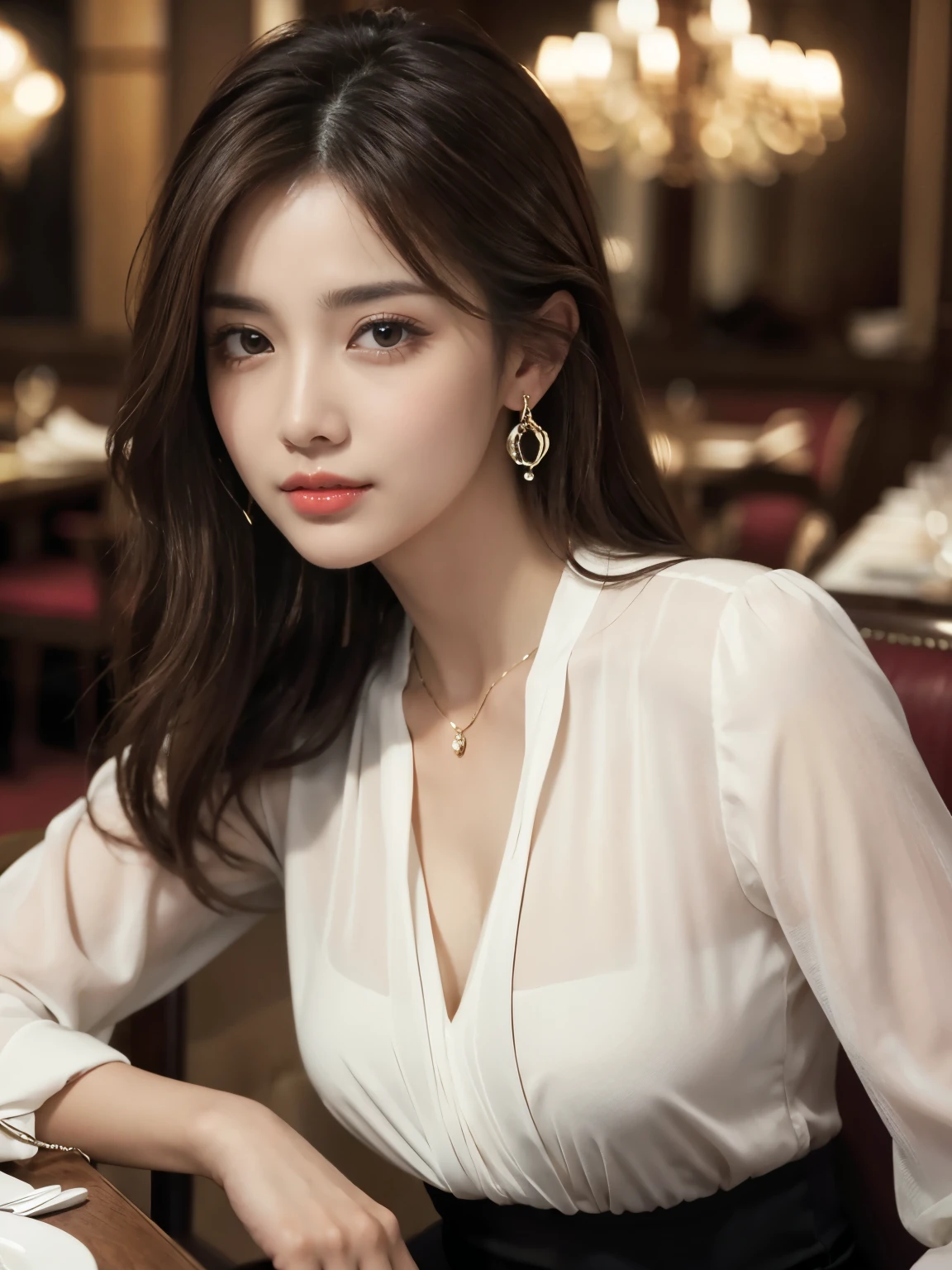 masterpiece, highest quality, Realistic, Very detailed, Finer details, High resolution, 8k wallpaper, One beautiful woman, Wear an elegant see-through blouse, In a great restaurant, At night, Light brown messy hair, Perfect dynamic composition, Beautiful and beautiful eyes、Big earrings、Sitting in a chair、