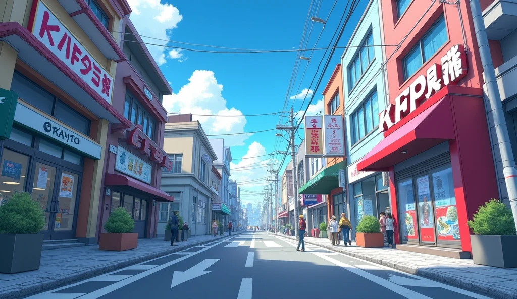Make a modern anime business street with bright but cold colors and a KFC in the background as a business with an anime crowd included, View from the other street horizontally without perspective and completely facing the middle of the other sidewalk