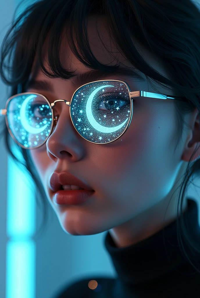 The model is wearing glass sunglasses with stars and the moon on the glass