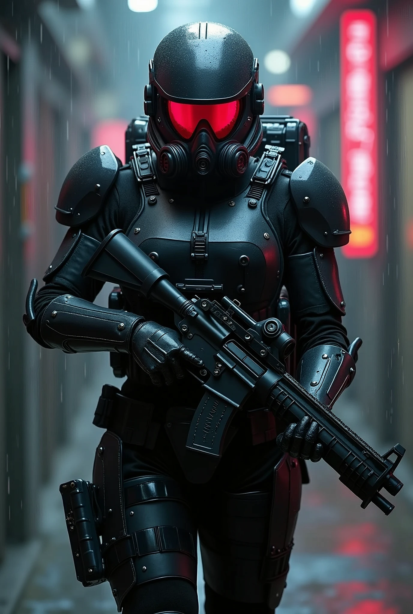 (Highest quality), future, (((Lots of girls))), Troopers, black exoskeleton suit with backpack, Led, Gas mask with glaring gargle, holding blade, mechanical, Digital Sculpture, 超High resolution, Absurd, Deep shine effect, High resolution, Particles of light, Cinema Lighting, Depth of written boundary, ready for action pose, Narrow passage, Heavy Rain, neon,