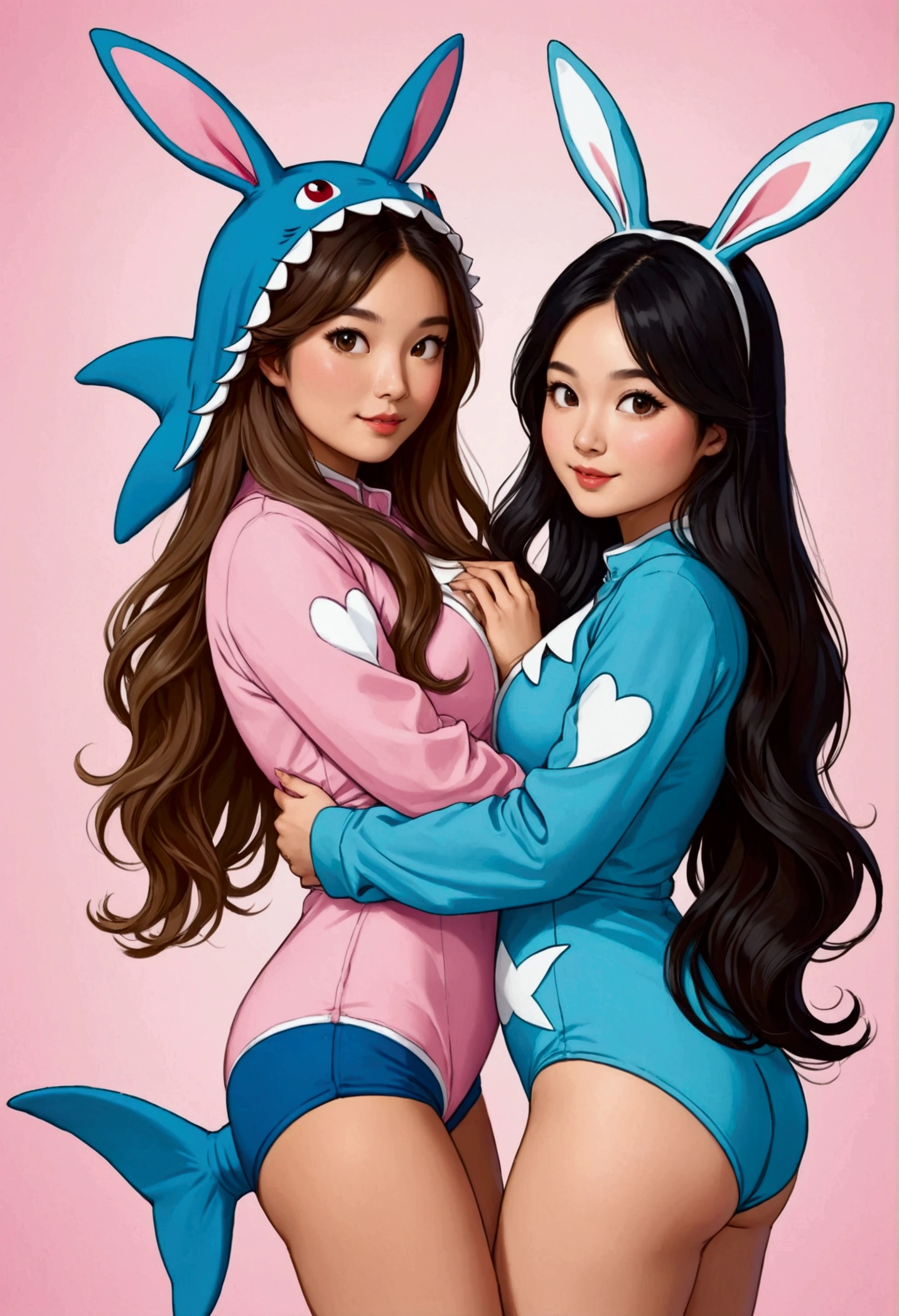 Two beautiful Sarah Kay style women in love. One, with long light brown hair, British, is wearing a baby shark costume and the other a beautiful Asian girl, with long black hair, and is dressed in a bunny costume, they are back to back, having fun.