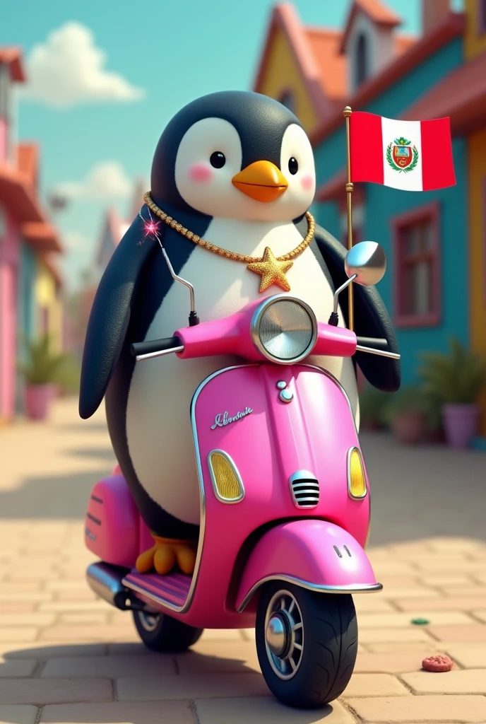 Penguin with his pink scooter, star necklace and Peruvian flag
