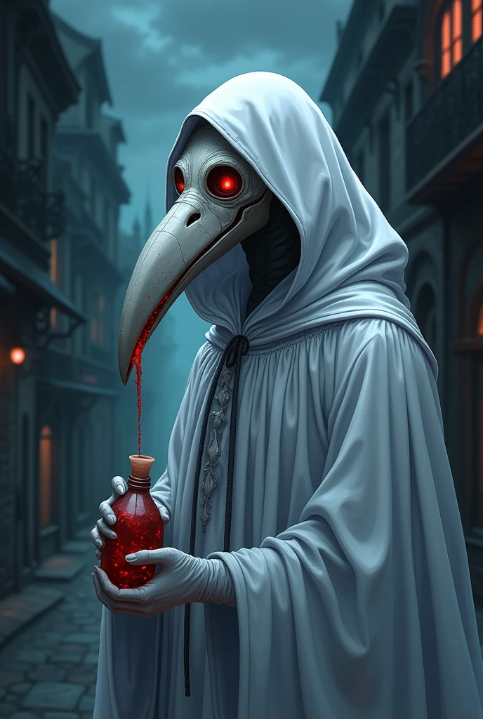 extremely detailed, detailed background, source_anime, plague doctor, long beak, white veil, fancy veil, holding poison vial, white plague doctor mask, gothic city background, night, lowlight, clouds of poison, white surgery dress, looking at viewer, close up, from below, from side, alleyway
