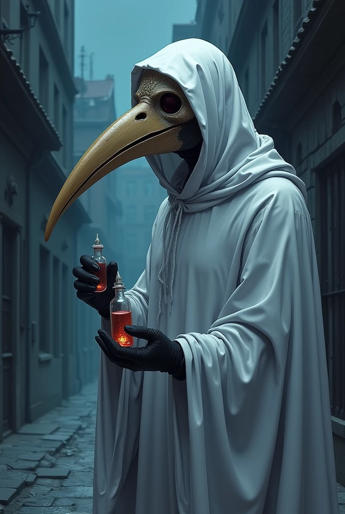 extremely detailed, detailed background, source_anime, plague doctor, long beak, white veil, fancy veil, holding poison vial, white plague doctor mask, gothic city background, night, lowlight, clouds of poison, white surgery dress, looking at viewer, close up, from below, from side, alleyway