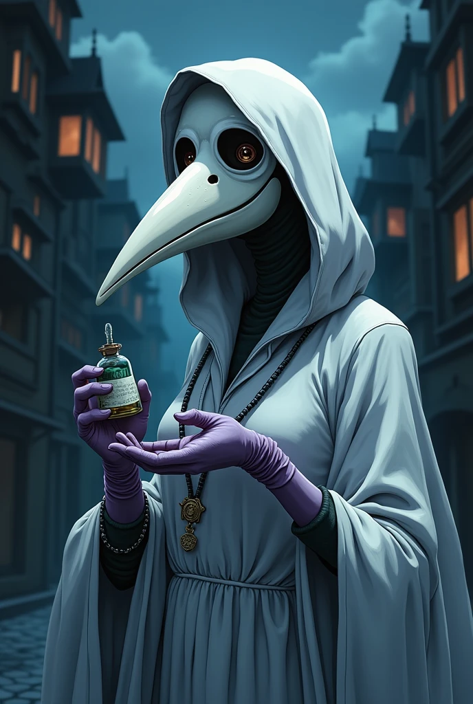 extremely detailed, detailed background, source_anime, plague doctor, long beak, white veil, fancy veil, holding poison vial, white plague doctor mask, gothic city background, night, lowlight, clouds of poison, white surgery dress, looking at viewer, close up, from below, from side, alleyway
