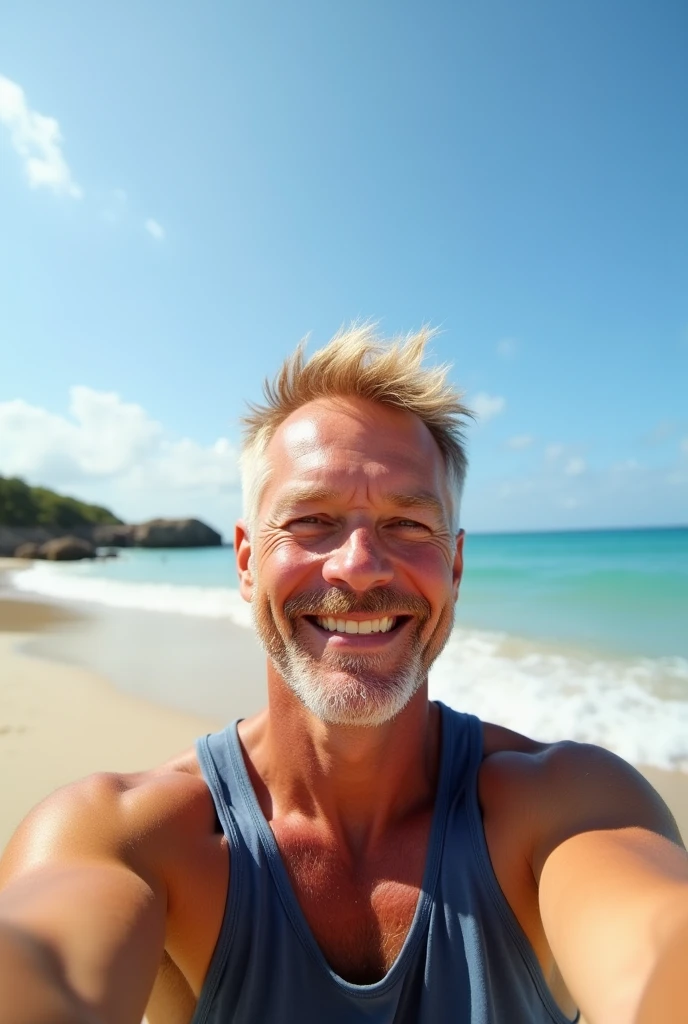 Caucasian men 52 years old blonde short hair on the beach selfie