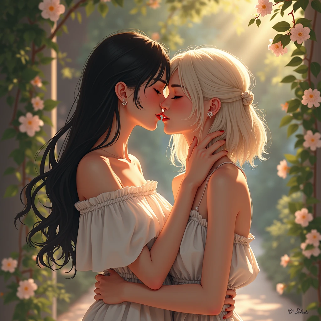 two girls are deeply in love with each other, kiss